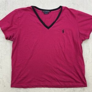 Vintage Ralph Lauren Sport Shirt Womens Large Pink Pony V Neck Single Stitch 90s